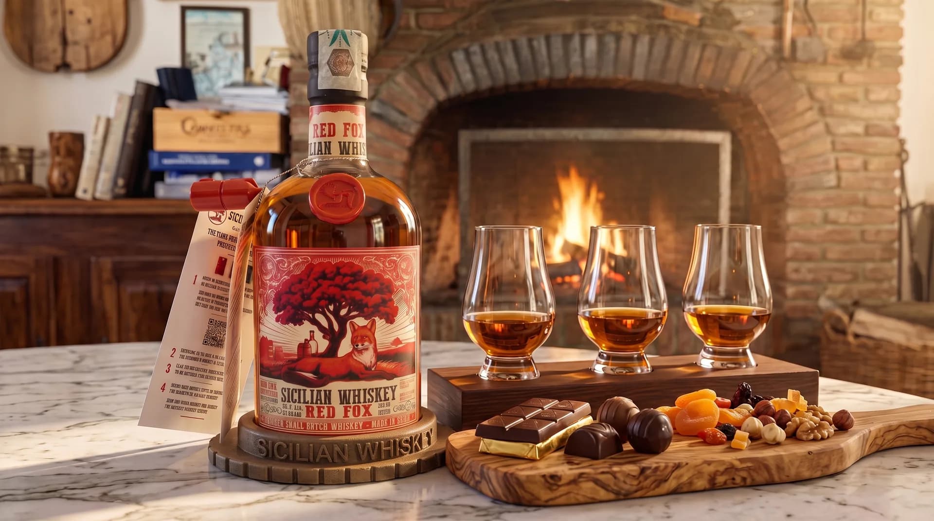 Bottiglia Red Fox, bicchieri di whiskey e camino per la degustazione in distilleria